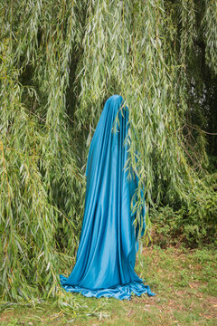 striking and surreal image of a figure draped in vibrant blue fabric beneath a willow tree