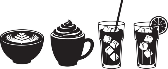Collection of black silhouette coffee and drink icons on white background