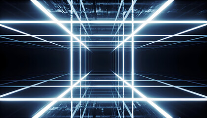 Abstract Digital Art Tunnel With Glowing Blue Neon Grid Lines Expanding Into A Dark Futuristic Infinite Space And Geometric Perspective