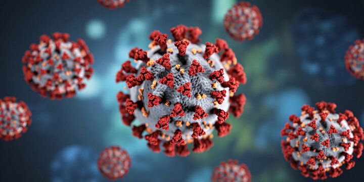 Close-up view of sars cov 2 virus particles with detailed spike structures on a medical background