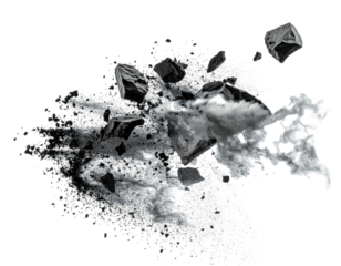 Gray-scale burst of shattered rock, dust, and vapor clouds against a stark black backdrop