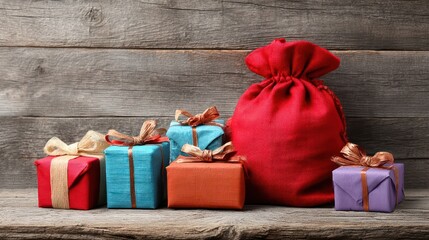 Colorful wrapped gift boxes and a red sack with bows arranged on a rustic wooden surface, suitable for festive celebrations