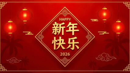 Golden chinese new year greeting with lanterns and auspicious clouds on a rich red background