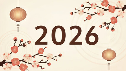 Happy new year 2026 with chinese lanterns and cherry blossom branches