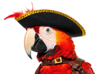 Close-up of a colorful parrot wearing a black pirate hat with golden trim and a leather harness