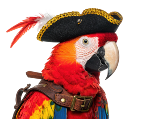 A vibrant macaw parrot, adorned in a pirate hat and leather harness, looks sideways