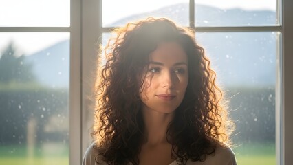Woman with long curly hair standing by a sunlit window, soft light illuminating her face as she gazes thoughtfully into the distance in a calm, serene setting.