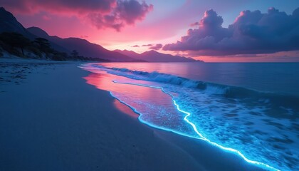 Dreamlike beach landscape with glowing bioluminescent waves. Sky reflects pink colors. Calm ocean water meets shore. Mountains silhouettes in distance. Tranquil coastal environment. Future concept