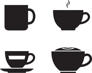 Four silhouettes of coffee cups and mugs on white background