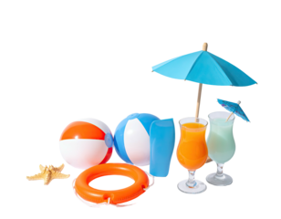Colorful beach scene with various summer items, cocktails, balls, and an umbrella, all on display