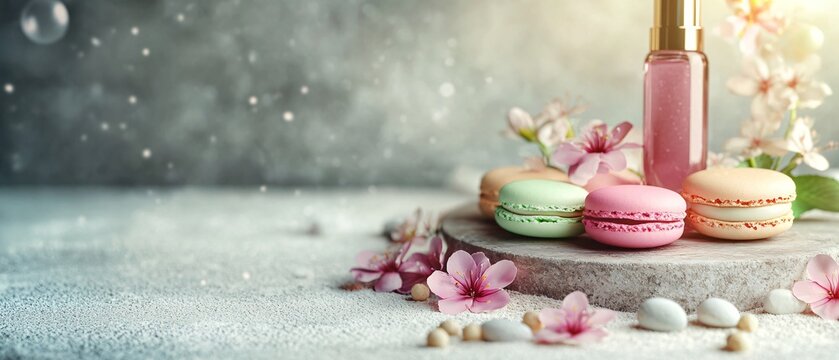 Elegant display of colorful macarons and flower - Powered by Adobe