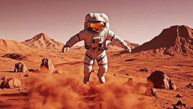 A cinematic slow motion wide shot of an astronaut jumping high on the red surface of planet Mars in low gravity.
