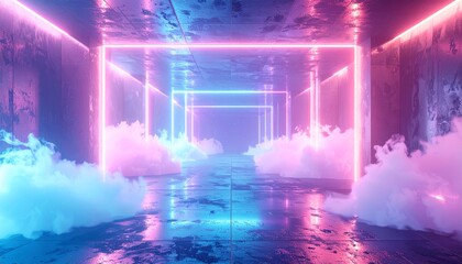 Futuristic 3D Rendered Abstract Background of a Neon Light Tunnel with Smoky Fog and Vibrant Reflections