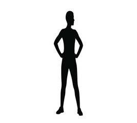 Full body silhouette of a person in a confident pose, standing with hands on hips and head turned. Represents strength, power, and readiness. Isolated vector illustration on white.