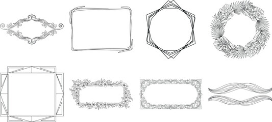 Collection of decorative vintage frames and borders ornate design elements isolated on transparent background