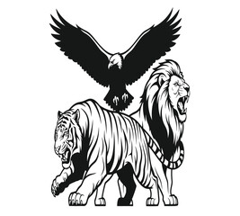 Black and white vector illustration featuring a majestic flying eagle, a fierce stalking tiger, and a roaring lion standing proudly. Symbolizes power, freedom, and wild animal kingdom strength.