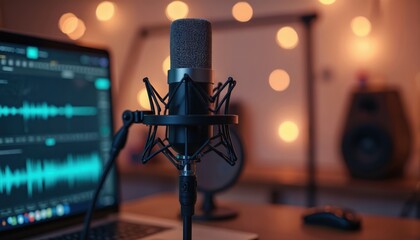 Pro microphone setup in recording studio. Audio waveform visible on laptop screen. Soft bokeh lights create warm atmosphere. Podcasting equipment ready for voice recording.