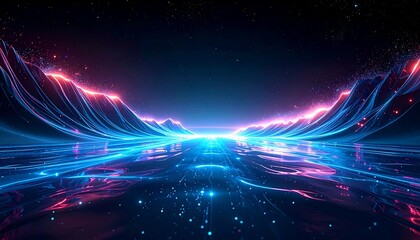 Obraz premium Abstract Digital Landscape with Glowing Neon Waves and Futuristic Highway