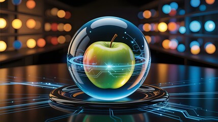 Futuristic glowing orb encasing a vibrant green apple with intricate digital circuit patterns in the background