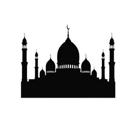 A striking black silhouette of a mosque, featuring prominent domes and towering minarets topped with crescent moons, symbolizing islamic worship and culture.