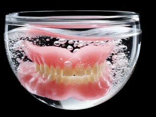 Cleaning dentures in a glass with bubbles during a demonstration in a home setting at night