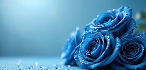 Close up photo showcases vivid blue roses with water drops against blue background. The floral arrangement captures romance beauty and freshness. Delicate petals display detail.