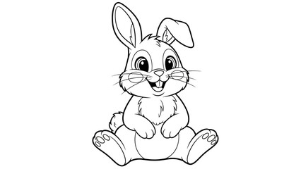 Cute Cartoon Bunny Sitting and Smiling Line Art Illustration