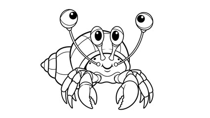 Cute Cartoon Hermit Crab with Big Eyes Line Art Illustration