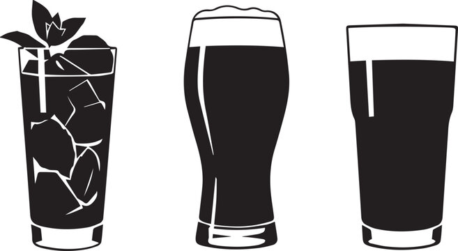 Three different drinks in glasses including a cocktail and two beers