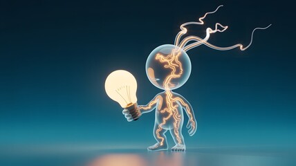 Abstract human figure with glowing light bulb and neural network connections symbolizing creativity and innovation