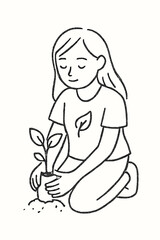 Hand-drawn eco-friendly girl planting tree illustration vector