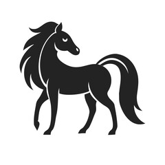 Obraz premium Silhouette icon of a Horse, simple black vector illustration, isolated on a white background. Suitable for logo, emblem, symbol, and New Year 2026 design