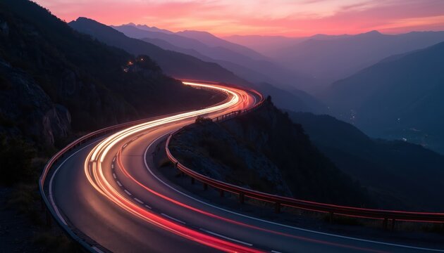 Cars with illuminated trails navigate winding mountain road at dusk. Twilight sky paints gradient of pink and purple over vast landscape. Headlights and taillights create streaks of light on asphalt.