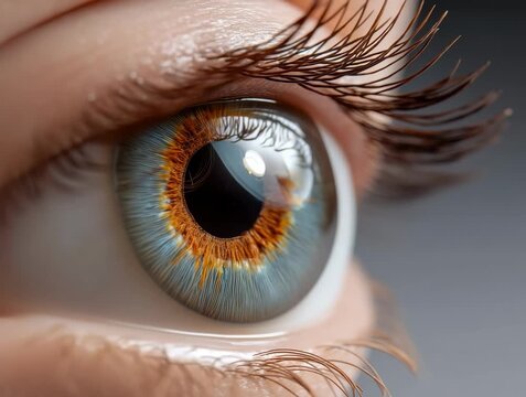 Close view of a human eye showing detailed iris patterns and colors in bright lighting