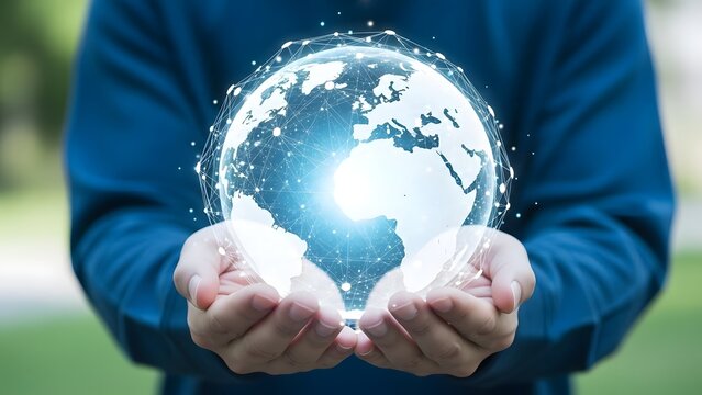 Person holding glowing digital earth in cupped hands - Powered by Adobe