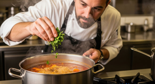 Professional male chef adding fresh green herbs to boiling soup pot in commercial kitchen close up