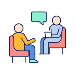 Conversation and counseling: Two figures in discussion with a speech bubble above