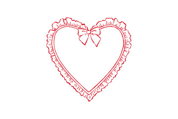 Red hand drawn heart shape frame with ruffle border and small bow isolated on transparent background