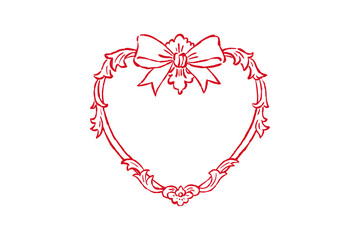 Vintage red heart shaped frame with elegant bow and foliage detail, isolated on transparent background