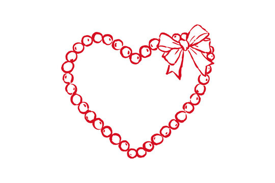 Red heart shape frame made of pearl beads with a decorative bow in the upper right corner, isolated on transparent background