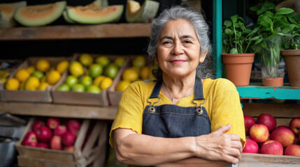 Portrait of a smiling senior Hispanic woman market vendor with arms crossed. Female shop owner wearing an apron at a fresh fruit and vegetable stall. Small business entrepreneur