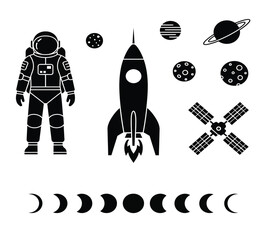 Minimalist black silhouette icon set for space exploration. Features astronaut, rocket, planets, satellite, and moon phases. Ideal for educational, science, and design projects.