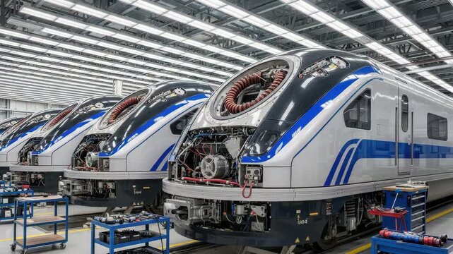 Workers assemble train engines in a factory with multiple units lined up for production