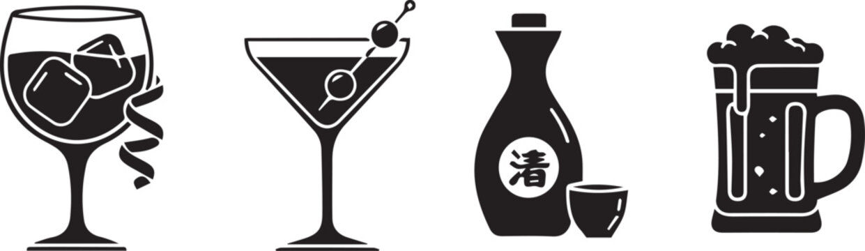 Collection of four distinct beverage icons including cocktails and sake