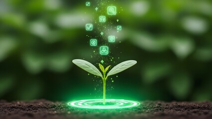 Digital growth sprout with glowing data stream and circle