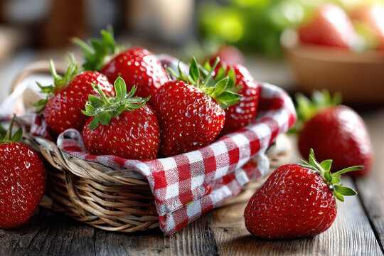 Fresh Strawberries in a Basket on Rustic Wood
