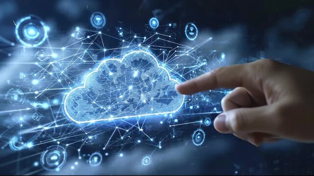 A persons finger points at a luminous blue digital network featuring a cloud-shaped icon with a world map texture
