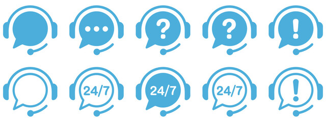 Support Icons, vector icon set featuring 24/7 support symbols, phone call icons, question mark help signs, customer service elements, support settings, communication tools, modern assistance graphics,