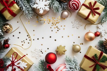 christmas background with christmas decorations Merry Christmas and Happy Holidays greeting card, frame, banner. New Year. Noel. Red and white Christmas decorations and g top view. Winter xmas holiday