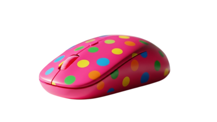Pink computer mouse with colorful polka dots isolated on black background isolated on white background isolated on transparent background
